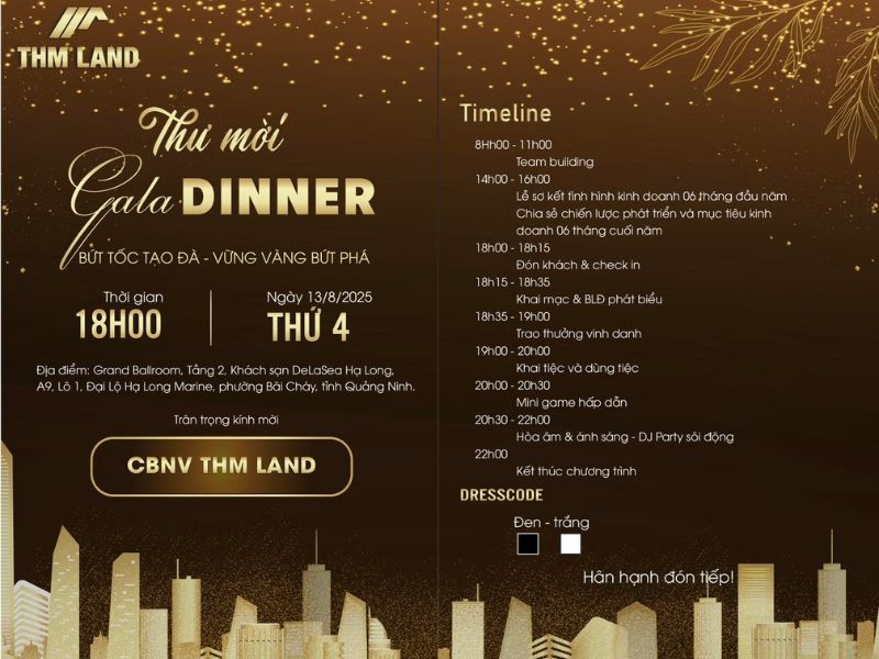 Thiệp màu vàng đồng, có họa tiết lá và khung cảnh hiện đại