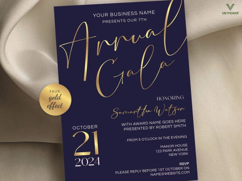 Thiệp mời chữ viết tay lớn, màu xanh đậm cổ điển và hiệu ứng vàng