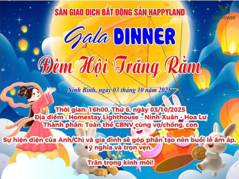 Nền vàng sáng/cam, có hình trăng lớn, cô gái, thỏ trắng và lồng đèn bay theo phong cách vẽ hoạt hình