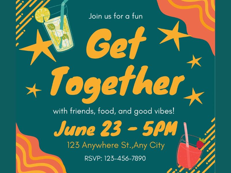 Mẫu 10 (Get Together): Thiệp mời tiệc tối ngoài trời rực rỡ sắc màu với hình họa cocktail và ngôi sao năng động