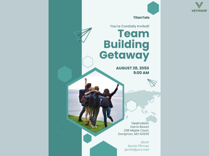 Thiết kế thiệp mời hiện đại, chuyên nghiệp sử dụng khối hình học và hình ảnh nhóm bạn chinh phục thiên nhiên