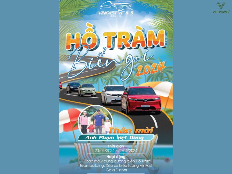 Thiệp mời Roadshow hoành tráng kết hợp team building bãi biển với hình ảnh dàn xe VinFast ấn tượng