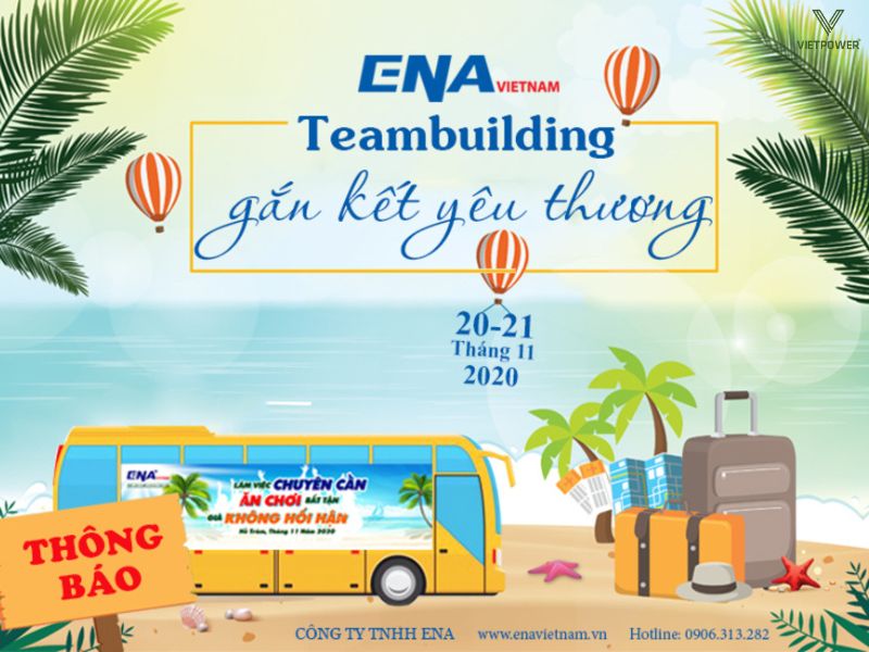 Mẫu thiệp du lịch biển rực rỡ sắc màu với hình ảnh xe bus và khinh khí cầu đầy năng lượng